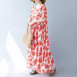 Party Dresses Print Floral Holiday Outdoor Travel Style Beach Casual Oversize Dress Thin Light Cotton Vintage Women Loose Long Bohemia