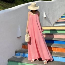 Casual Dresses Korea 2024 Summer Dress Lady Sweet Gentle Chic Style Linen Flow Draping Halter Women Solid Holiday Oversize