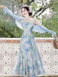 Work Dresses Summer Set Retro Blue Dye Print Elegant Suspender Dress With Ruffle Sun Protection Cardigan Women