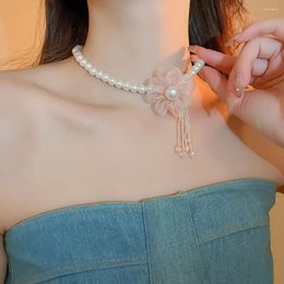 Choker Big Flower Pearl Necklace Cute Mesh Yarn Clavicular Chain