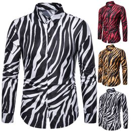 Men Streetwear US Size Shirt Zebra Skin Printed Tuxedo Party Shirt Long Sleeve Light Weight Office Male Fashion 2807