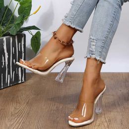 Dress Shoes New Trend Fashion PVC Jelly Sandals Crystal Open Toed Sexy Thin Heels Women Transparent Slippers Pumps Outside Plus Size 43 H240504