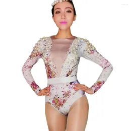 Stage Wear Floral Pattern White Pearl Rhinestones Bodysuit Dancer Performance Leotard Women Nightclub Bar Sexy Pole Dance Costume