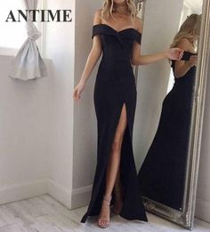 ANTIME Maxi Split Party Dress Women Casual Deep V Neck Spring Summer Short Sleeve Solid A Line Long Elegant White Sexy Dresses MX25041546