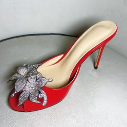2024 women Ladies Genuine real leather high heels summer sandals diamond 3D flower Flip-flops slipper slip-on wedding dress Gladiator sexy shoes 3 colours size 34-43