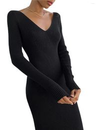 Casual Dresses Women V Neck Knit Sweater Dress Long Sleeve Bodycon Party Beach Club Streetwear