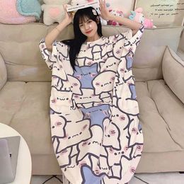 Women's Sleepwear Cartoon Nightgown Summer Ladies Ice Shreds Cute Short-Sleeved Large Size Thin Section College Style