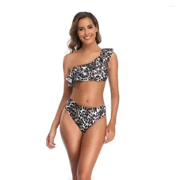 Women's Swimwear Printed One Shoulder Bikini 2024 Swimsuit Sense Lotus Leaf Leopard Print Beach