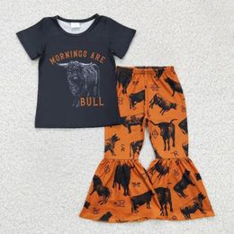 Clothing Sets RTS Est Design Black Bull Print Shirt Children's Bell Bottom Set Baby Boutique Clothes Outfit Little Girls Western