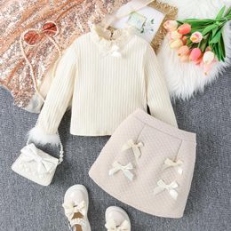 Clothing Sets Toddler Baby Girl 2Piece Outerwear Ribbed Ruffles Collar Plush Trim Long Sleeve Sweater Bowknot Skirts Infant Suits