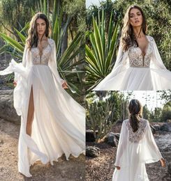 Asaf Dadush Boho Wedding Dress With Long Sleeve Wrap Side Split Beach Chiffon Bohemia Bridal Gowns Beaded Lace Wedding Dress Robe 2574289