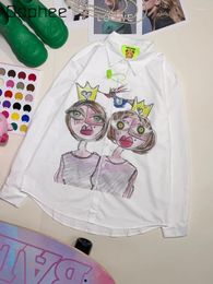 Women's Blouses 2024 Spring Summer Korean Style Fashionable Hand-Painted Cartoon Printed Loose Mid-Length Casual White Long Sleeve Shirt