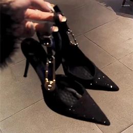 Dress Shoes Black High-End Rhinestone High Heels Stiletto Pointed Toe French Style Pumps One Back Strap Sandals Party Women Zapatos
