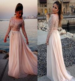 Elie Saab Designer Crystal Beaded Prom Dresses Sheer Bateau Neck Long Sleeves ALine Chapel Train Chiffon Evening Gowns Celebrity 8077066