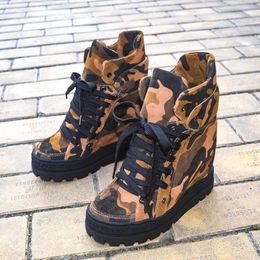 Boots Camouflage Thick Bottom Wedge Ankle Lace Up Tyre Rubber-trimmed Platform High Top Sneakers Casual Outside Shoes Size42