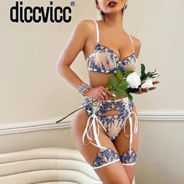 Bras Sets Diccvicc Sexy Lingerie Embroidery Floral Lace Bra Fancy Garter Set Elegant See Through Underwear Fine Women Sensual Intimate Kit