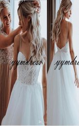 Beaded Pearls Tulle A Line Boho Wedding Dresses Sweep Train Spaghetti Straps Beach Bridal Gowns 2019 Appliques Wedding Gowns For B1894154