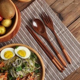 Dinnerware Sets 3PCS Natural Wooden Cutlery Set Wood Chopsticks Spoon Fork Korean Style Portable Tableware