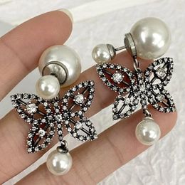 Stud Earrings Arrival Fashion Butterfly Smooth Brass Black Hollow Out Retro Imitation Pearl Women Party Jewellery