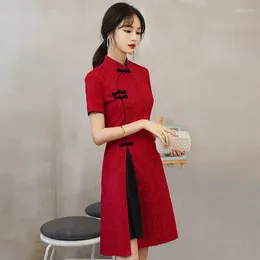 Party Dresses 2024 Oversized Vintage Chinese Traditional Casual Women Qipao Dress Summer Stand Collar Short Sleeve CheongsamLace Red Dre