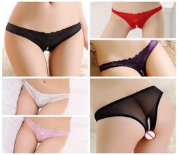 New sexy lingerie cospla Embroidered Pearl Massage Open Pants T pants Perspective low waist sexy underwear Lace thong 5 colors9395977