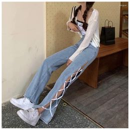 Women's Jeans Patchwork Stitched Split Denim Long Pants Women 2024 Autumn Sexy Straight Casual Loose Lace Up Wide Leg Street Style