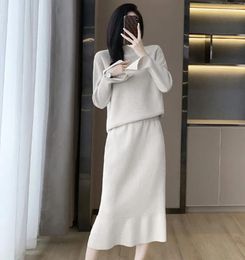 Work Dresses Fall Winter Cashmere 2 Piece Set Casual Women O Neck Split Flare Sleeve Knitted Warm Loose Sweater Ruffles Midi Skirt Suit