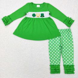 Clothing Sets Wholesale Baby Girl St. Patrick's Day Green Long Sleeves Embroidery Clover Shirt Toddler Kids Outfit Ruffle Pants Children Set