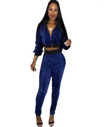 Plus Size Glitter 2 Piece Outfits For Women039s Suit Sequined Streetwear Bomber Jacket Tops And Pants Set Sparkly Casual Tracks7394498