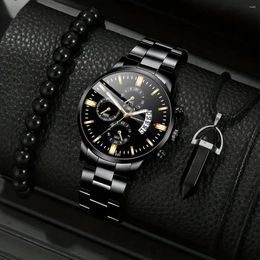 Wristwatches 3Pcs Men's Fashion Business Casual Three Eyes Calendar Luminous Digital Steel Band Quartz Watch Crystal Necklace Bracelet Set