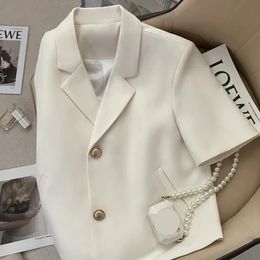 Elegant Shorts Sleeve Blazer Women Korean Fashion Notched Neck Office Jacket for Casual Simple Outwear Beige Suit Tops 240424