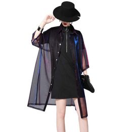 Women039s Cape 2022 New Spring Summer Lapel Threequarter Sleeve Green Shing Perspective Loose Big Size Shirt Women Blouse Fash3415627