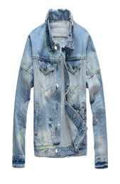 Unique Mens Designer Painted Denim Jackets Ripped Fashion Slim Fit Streetwear Motorcycle Biker Epaulette Blue Jeans Jacket Coat 4229309078