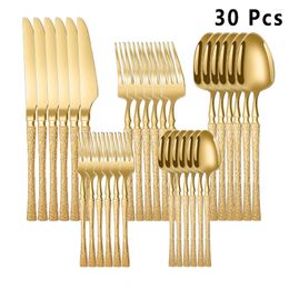 Dinnerware Sets 20/30pcs Set Stainless Steel Tableware Hammer Pattern Handle Knife Fork Coffee Spoon Flatware Dishwasher Safe Cutlery