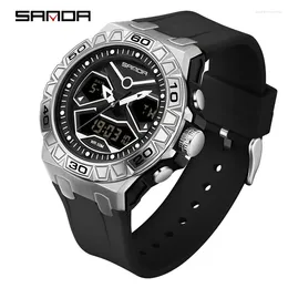 Wristwatches SANDA 3198 Men Watch Creative Unique Outdoors Luminous Chronograph Silicone Strap Electronic Quartz Dual Display Male Watches