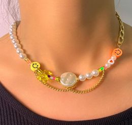 Chokers Korean Creative Yellow Orange Face Bear Pearl Beaded Necklace For Women Asymmetry Splicing Metal Chain Choker Fun Design J6800243