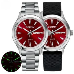 BERNY Luminous Men Quartz Watch Calendar Luxury Waterproof Wristwatch Miyota Stainless Steel Silicone Dress for 240425