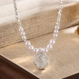 Pendants Rose Flower Round Card Necklace For Women Chic Pearl Jewelry Romance 925 Silver Necklaces Girlfriend Gift KOFSAC