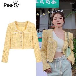 Women's Jackets Pinkoz Ins Celebrity Stylish Yellow Plaid Tweed Short Jacket Women Square Collar High Fashion Singlebreasted Buttons Luxury