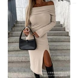 Casual Dresses Wepbel Off-Neck Split Dress Women Off Shoulder Long Sleeve Slash Collar Midi Fashion Sexy High Waist Sheath Bodycon