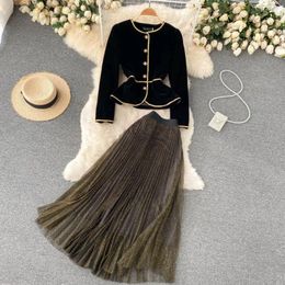 Work Dresses Women Chic Vintage Two Pieces Sets Sexy Long Sleeve O-neck Velvet Crop Shirt With Fashion Pleated Full Skirt Vacation