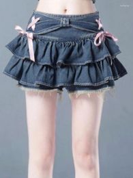 Skirts 2024 Japanese Korean Style Y2k Denim Skirt Mini Women Kawaii Elastic Waist A-line Patchwork Cute Sexy Ruffles Jeans