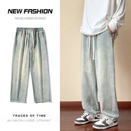 Streetwear maschile elastico in vita larga jeans larghi jeans coreano autunno retrò oversize pantaloni da design coulia 240430 240430