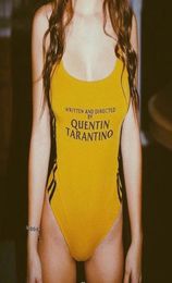 Insta Fashion QUENTIN TARANTINO Printed Side Stripe Strap Yellow Bodysuits Women Sexy Cotton Knitted Brand Bodysuits Females Y26916978