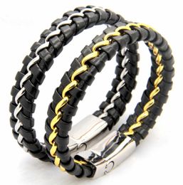 Unique Designer Stainless Steel Bracelets Bangles Mens Gift Black Leather Knitted Magnetic Clasp Bracelet Men Jewelry2118869