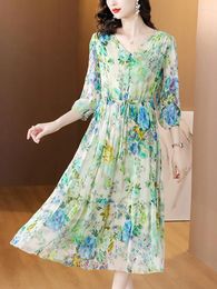 Party Dresses Women Green Floral Silk Ruffled Long Dress Summer Boho Elegant Casual Holiday 2024 Korean Fashion V-Neck Bodycon Prom Robe