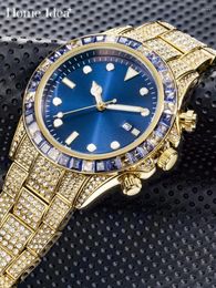 Wristwatches Design Mens Luminous Watchs Luxury Diamonds Round Hip Hop Wristwatch Push Button Hidden Clasp Fashion Quartz Watch