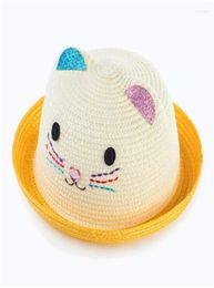 Berets Children Straw Hat Cute Summer Cat Ear Decoration Sun Hats For Kids Girls Boys Solid Floppy Beach Cap Panama2171724