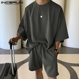 INCERUN Men Sets Solid Color Loose Half Sleeve T Shirts Shorts Two Pieces Summer Streetwear Casual Suits S5XL 240430