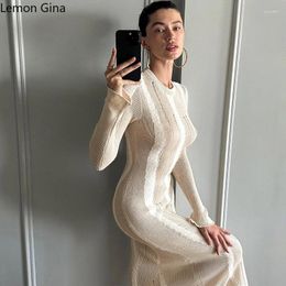 Casual Dresses Lemon Gina Women Knit Ribbed Flare Long Sleeve Patchwork O-neck Bodycon Midi Maxi Dress 2024 Autumn Vestidos Street